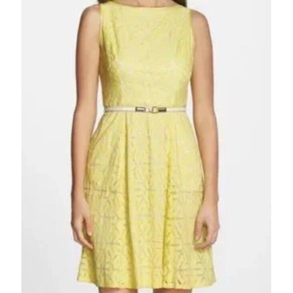 Adrianna Papell Dress 14 Yellow Lace Sleeveless Belted Silk Cotton Knee Length